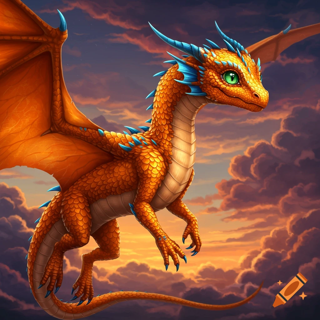 An orange and blue dragon flying through a sunset sky.