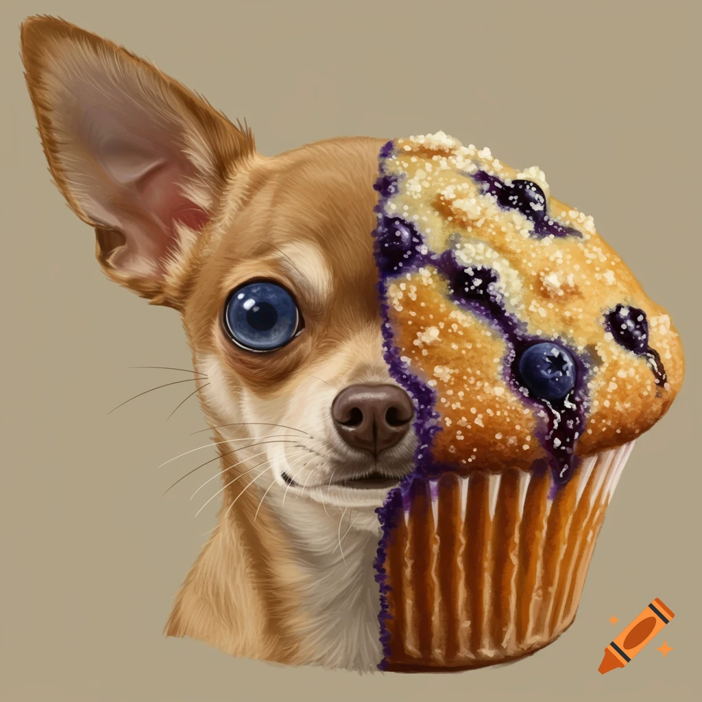A chihuahua's face is merged with a blueberry muffin with a blueberry for an eye.