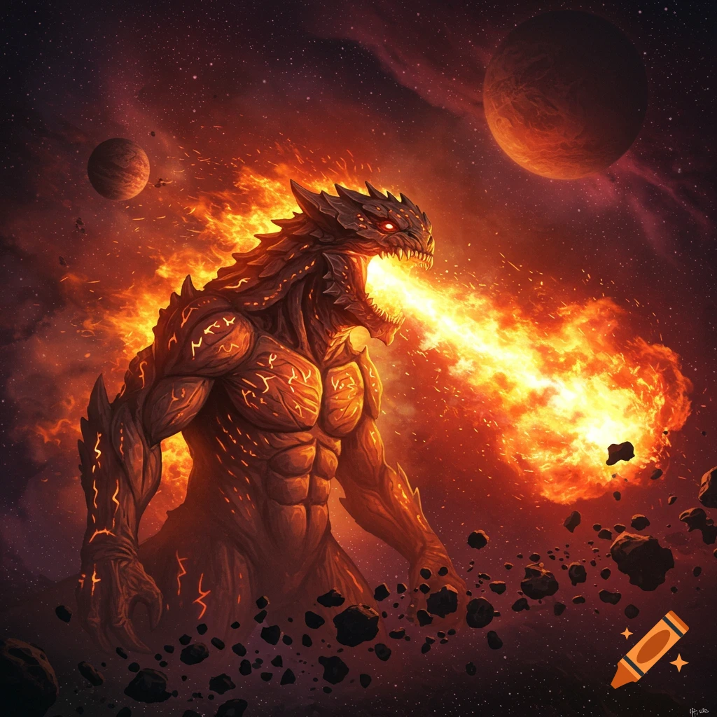 A humanoid kaiju breathing fire in space among planets and asteroids.