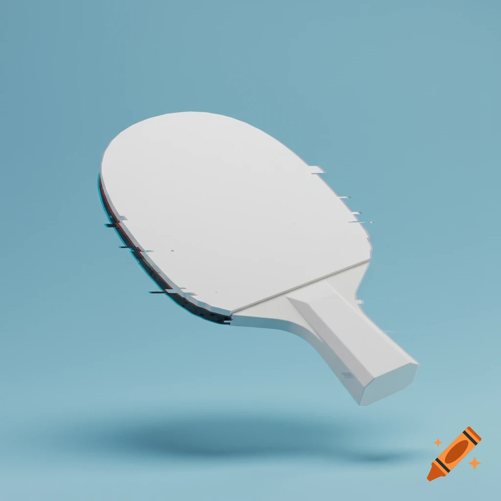 A white, glitchy ping pong paddle floats against a blue background in a 3D render.
