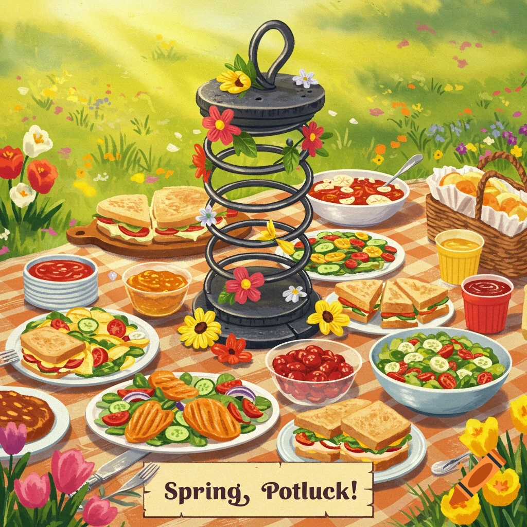 A spring picnic with sandwiches, salads, and a large metal spring decorated with flowers.
