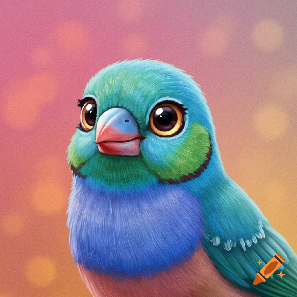A cute image of a blue and green bird with human-like eyes.