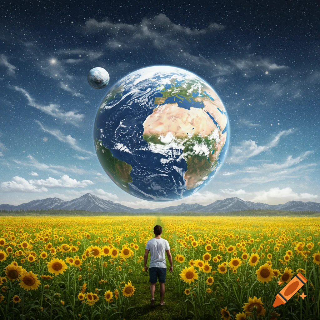 A man stands in a field of sunflowers looking up at the Earth and moon floating above mountains in the sky.