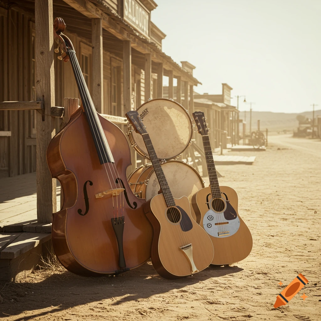 Upright bass, acoustic guitars, and drums lean against a wooden saloon building in the old west.