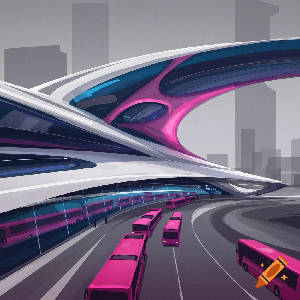 A futuristic bus station featuring several pink buses.