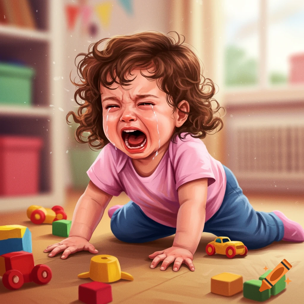 A crying toddler on the floor surrounded by toys.