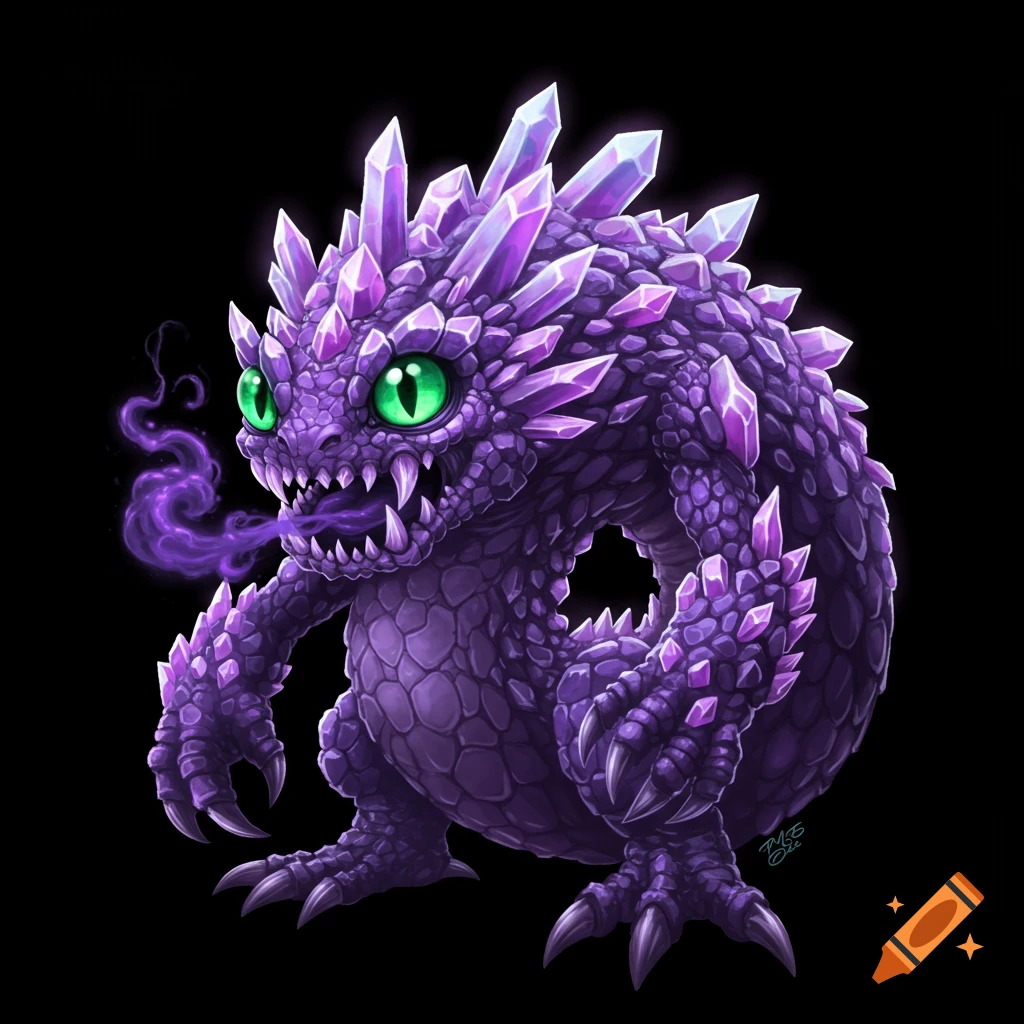 A purple crystal monster with green eyes breathes purple smoke.