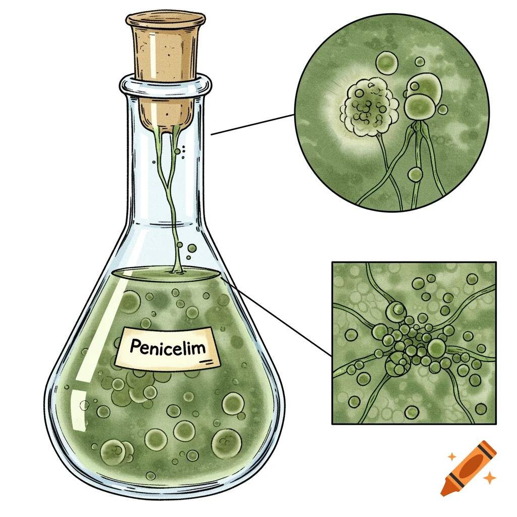 Scientific illustration of a flask with penicillin mold culture and magnified fungal structures.
