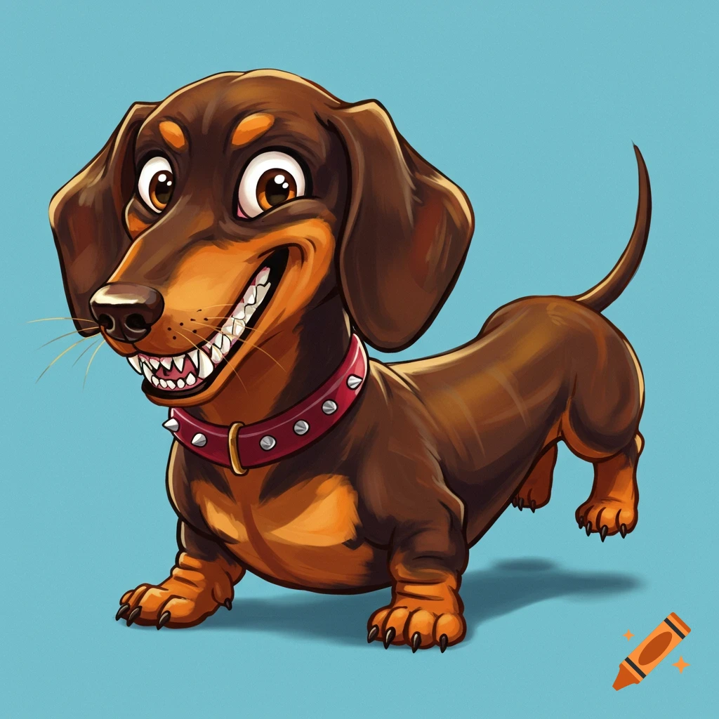 Cartoon brown and tan dachshund with red spiked collar