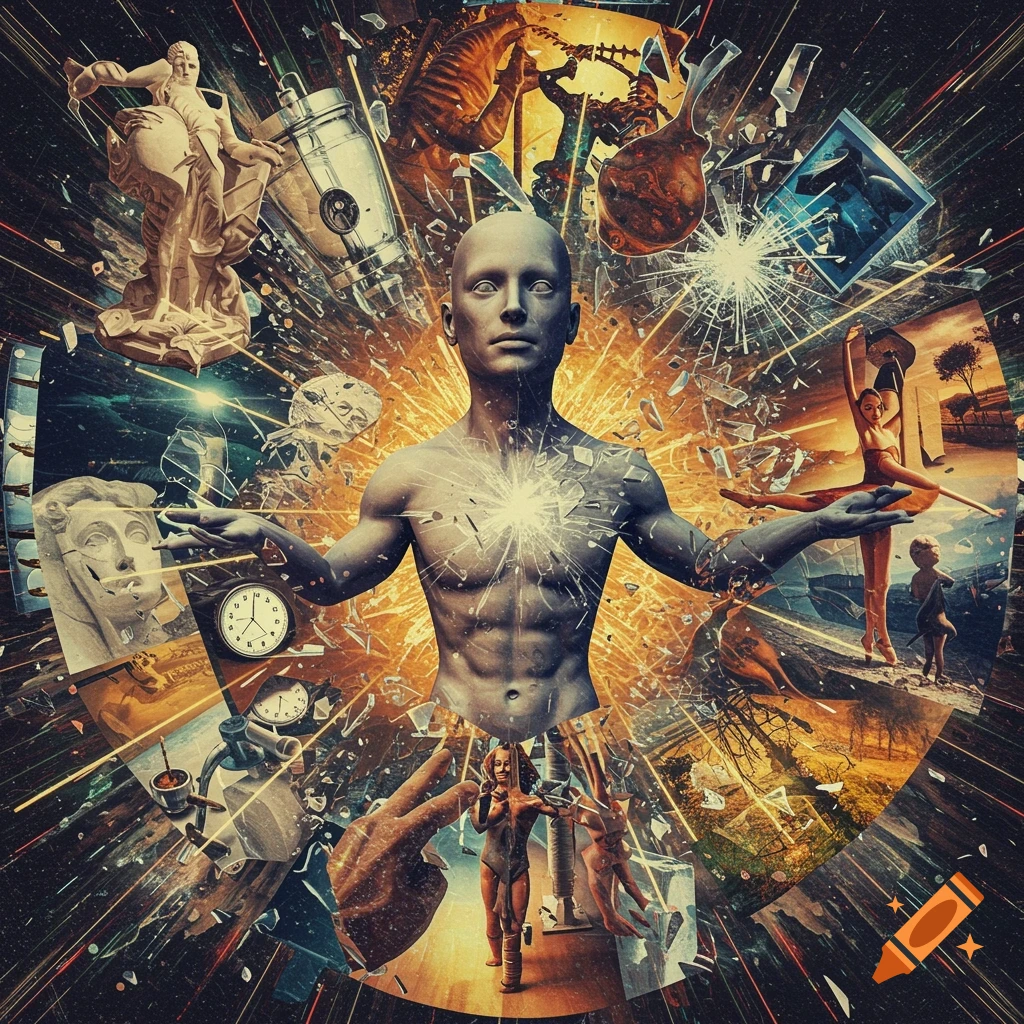 Surreal collage art featuring a central figure with open arms surrounded by fractured images of sculptures, dance, landscape, and clocks, with swirling light and broken glass effects.