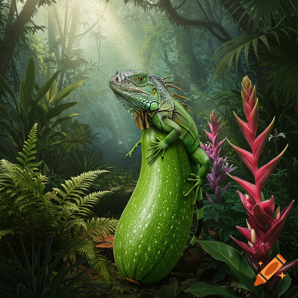 A green iguana perches atop a large green zucchini in a vibrant jungle.