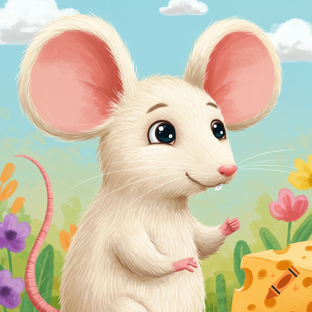A cute cartoon mouse in a field with flowers and a chunk of cheese.