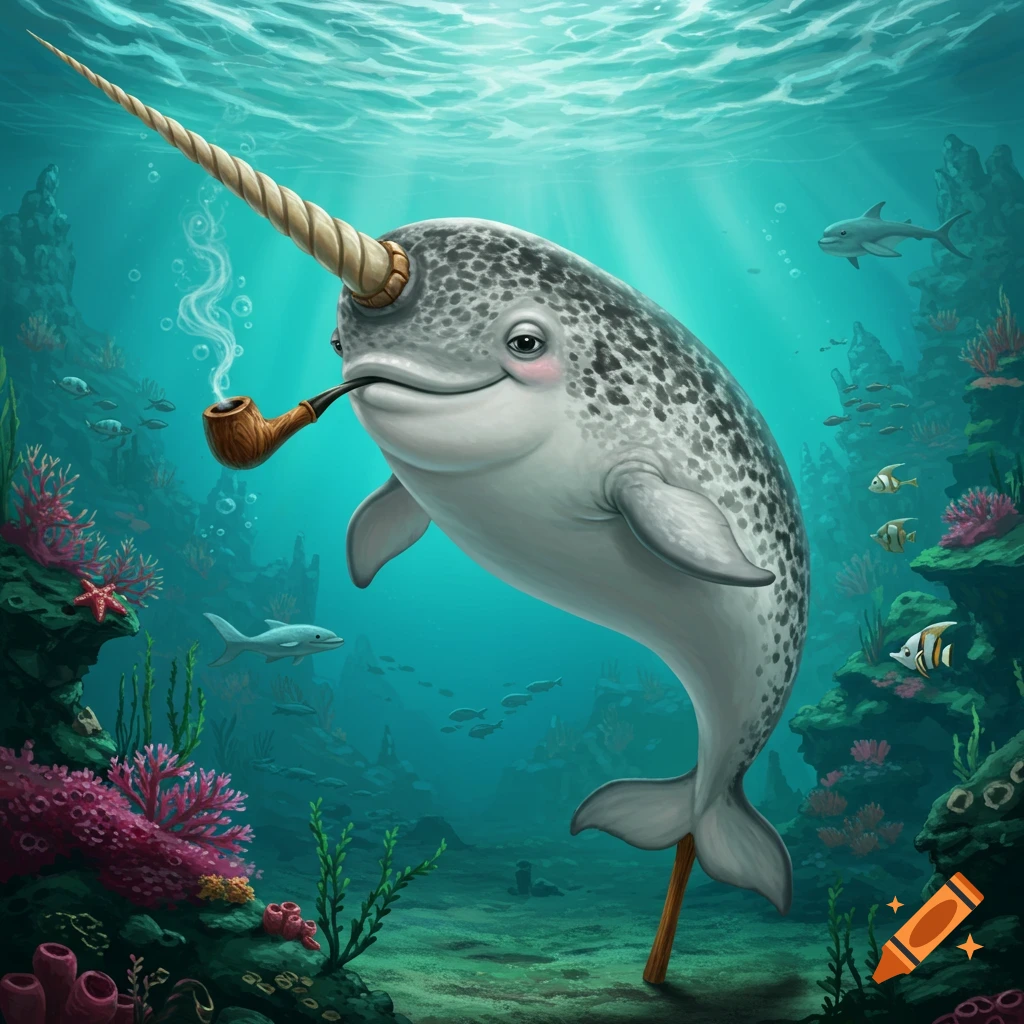 A cartoon narwhal with a peg leg and a pipe is swimming underwater among coral reefs and fish.