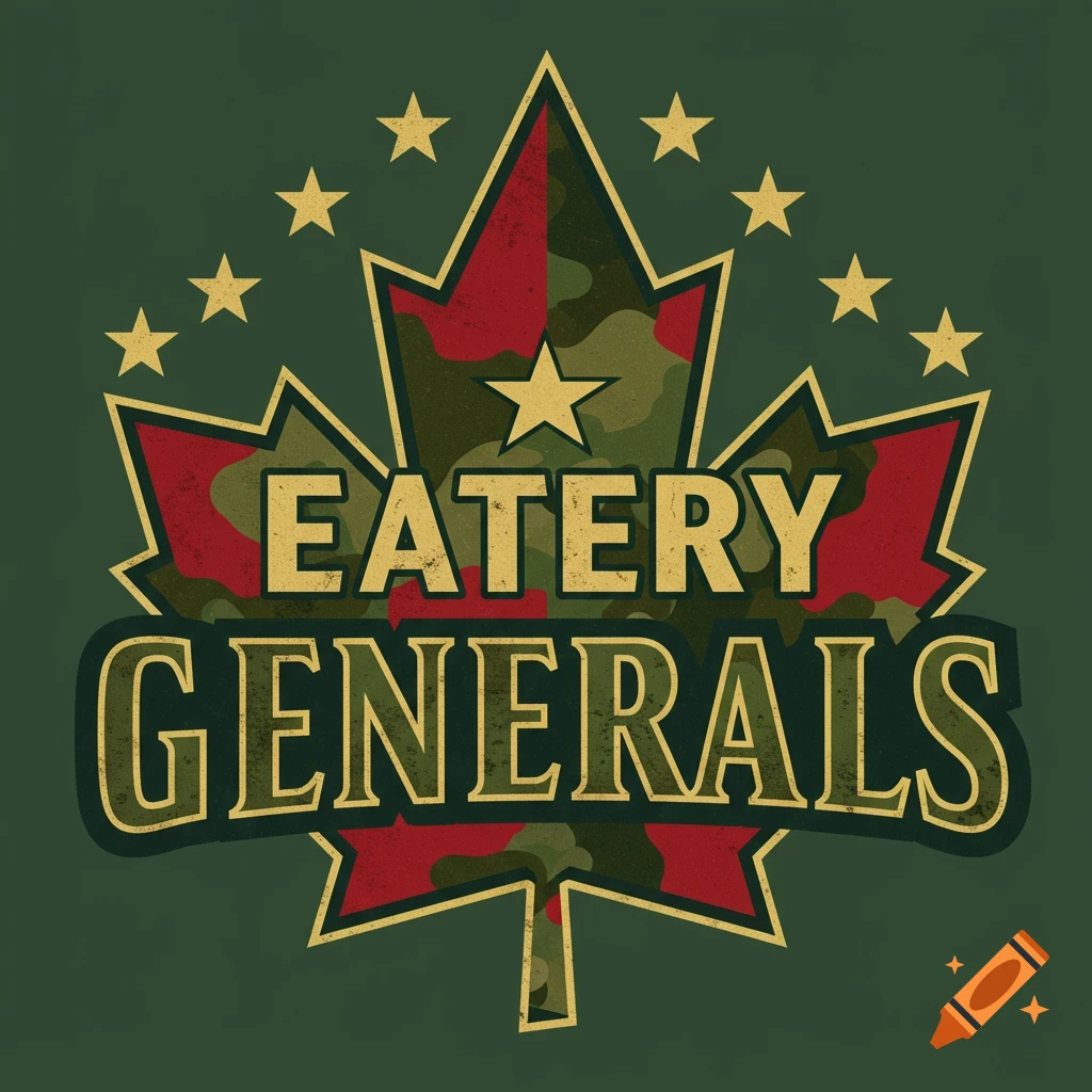 Military-style Canadian maple leaf logo with camouflage pattern, stars, and the text EATERY GENERALS.