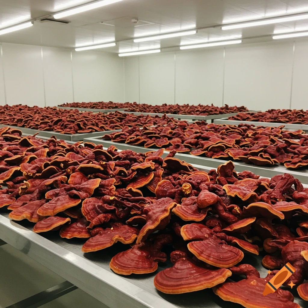 Large piles of red Reishi mushrooms on stainless steel tables in a clean room.