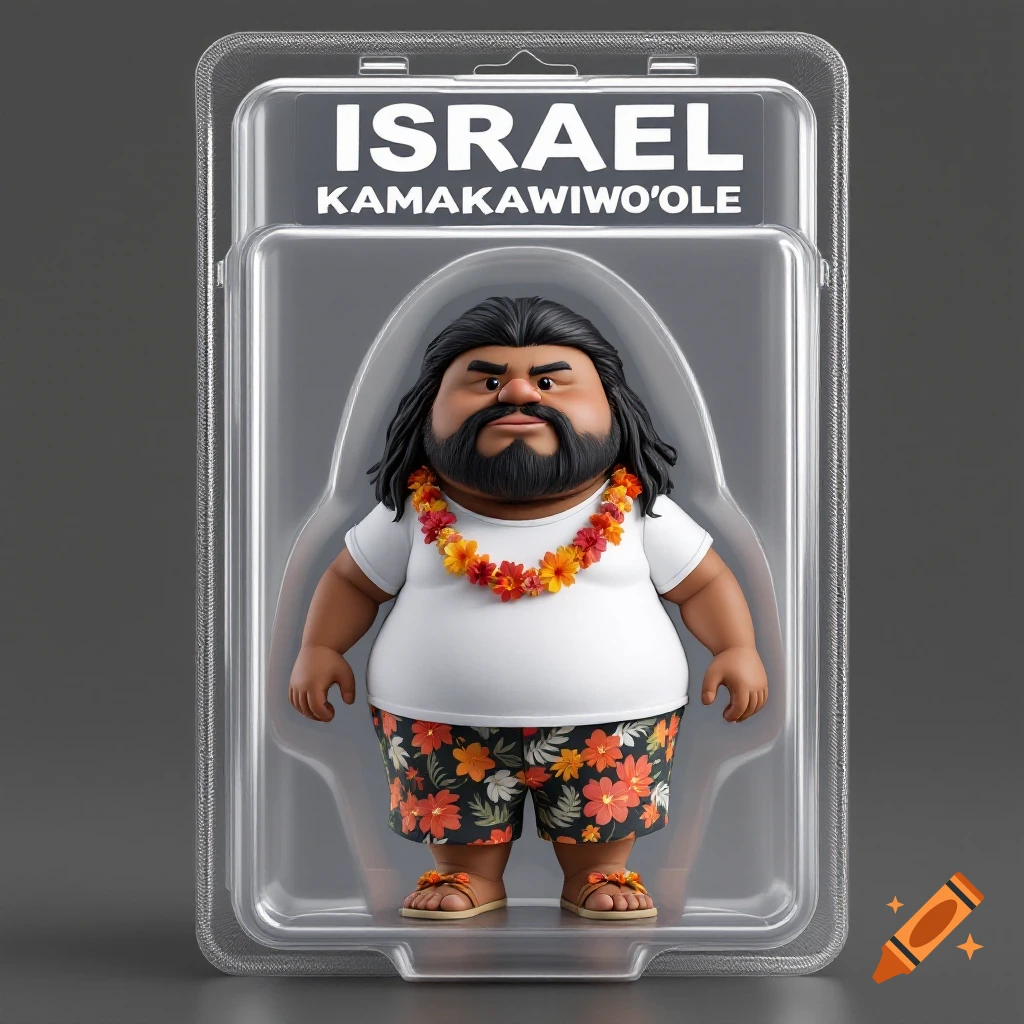 Cartoonish action figure of a man in Hawaiian clothes, displayed in plastic packaging with text label.