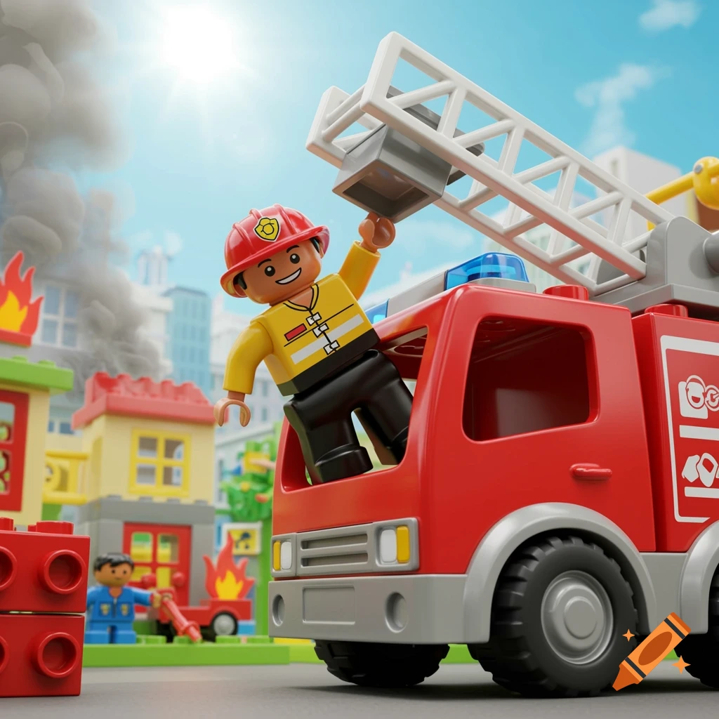 A Duplo Lego fireman figure scaling a red firetruck ladder at a stylized city fire.