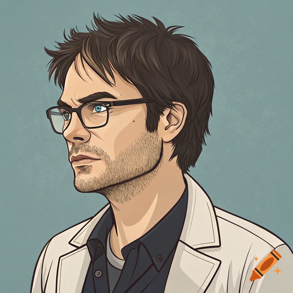 Vector graphic portrait of a man with messy brown hair, beard, and glasses.