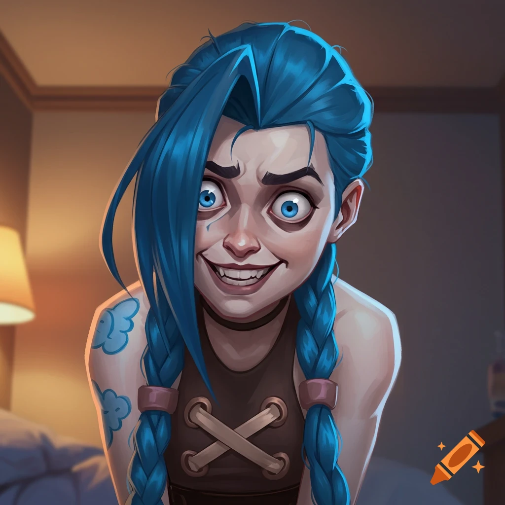Jinx with big wide eyes and a creepy smile.