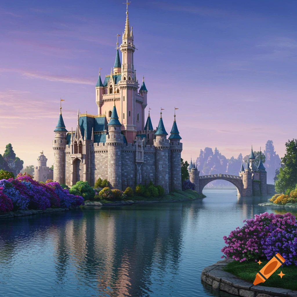 A fantasy castle stands on a lake surrounded by colorful flowers under a twilight sky.