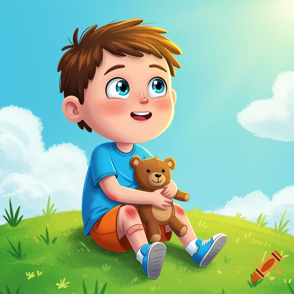 Cartoon illustration of a young boy with a bandage on his knee sitting on a grassy hill, holding a teddy bear and looking up at the sky.