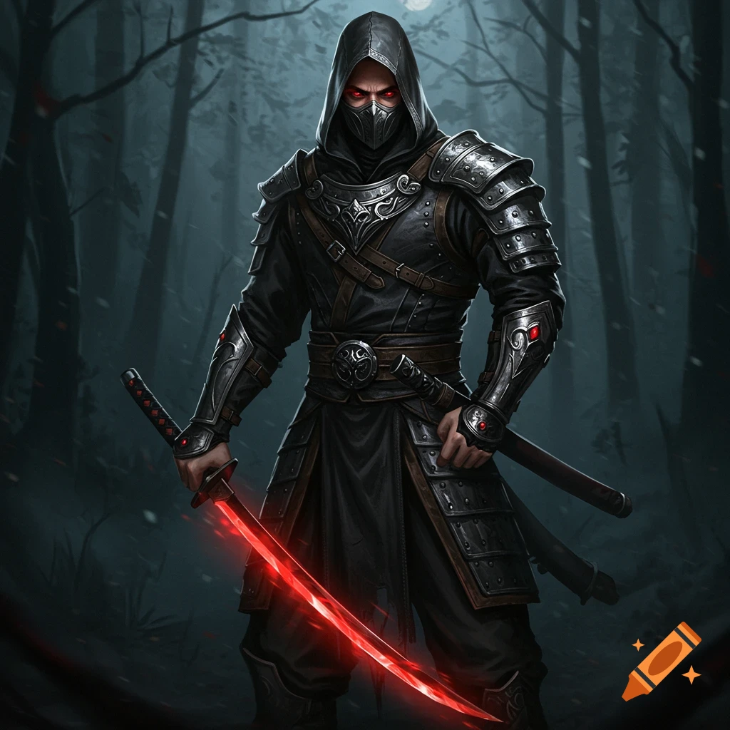 A hooded ninja in dark armor holding a red glowing katana in a forest.