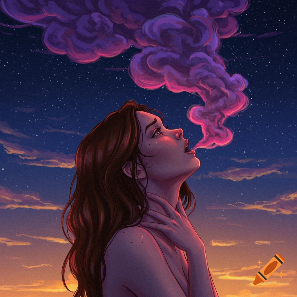 A woman looking up at a starry sky with pink smoke rising from her mouth, bathed in twilight colors.