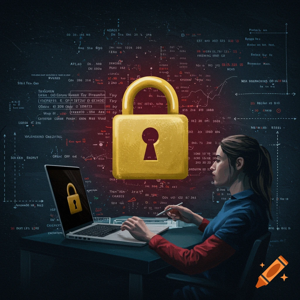 A woman works on a laptop with a large golden lock symbol over data visualization, depicting cybersecurity.