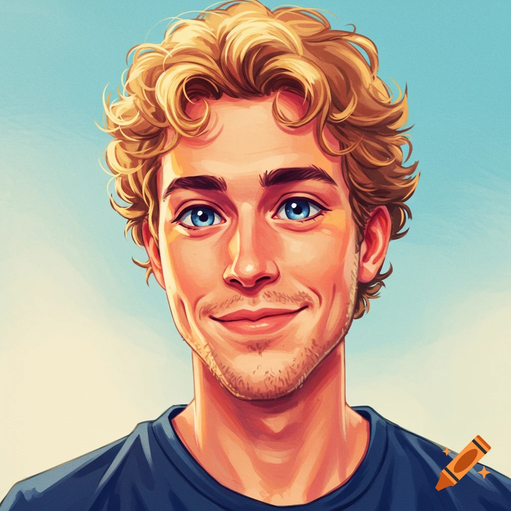 A young man with curly blonde hair and blue eyes