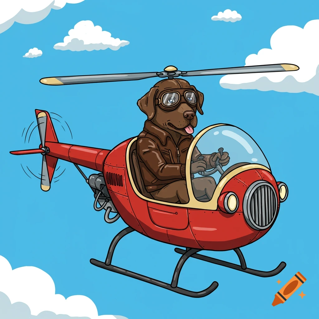A cartoon chocolate lab dog wearing goggles and a jacket flies a red helicopter in a blue sky with clouds.