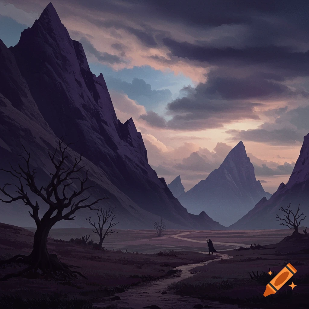 A figure walking on a path through a dark fantasy mountain landscape under stormy skies.