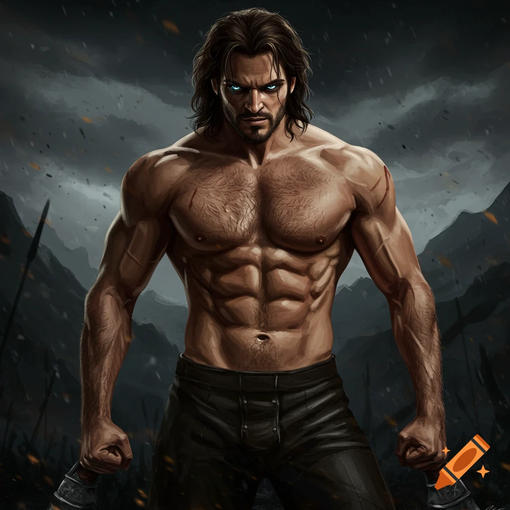 A muscular man with glowing blue eyes holds axes against a stormy, battlefield background.