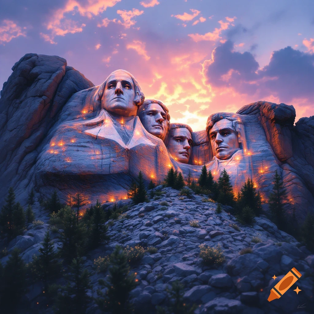 Mount Rushmore with four different faces carved into the rock, lit by a dramatic sunset sky.