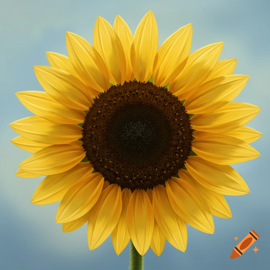 A detailed sunflower head against a blue sky.