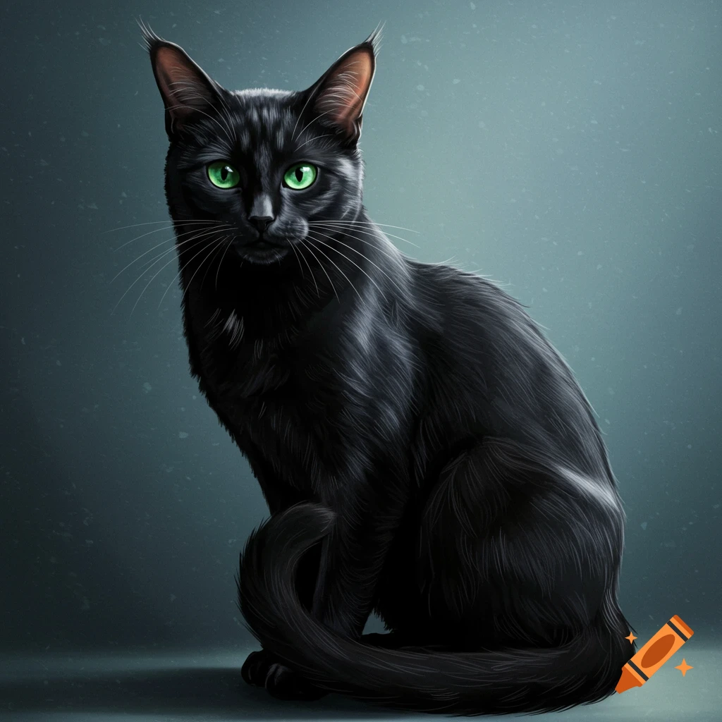 A black cat with green eyes sitting.
