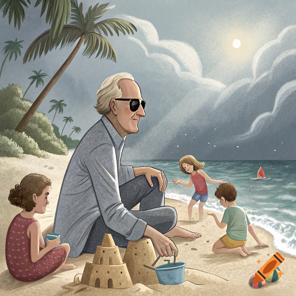 An illustration of a man and children building sandcastles on a beach.