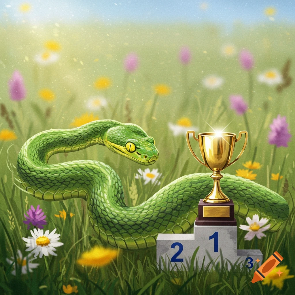 A green snake next to a podium with a trophy in a flower field.