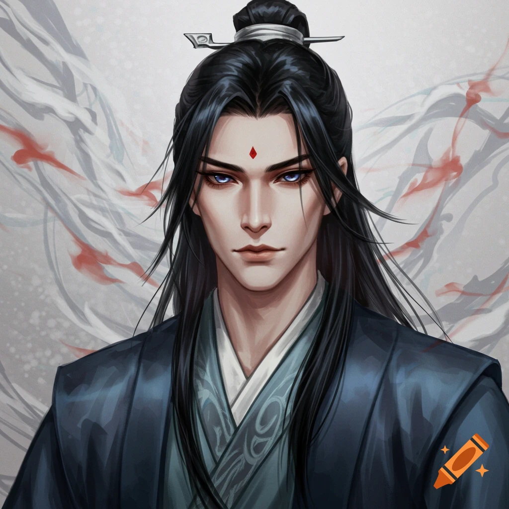 A person with long dark hair, a red forehead mark, and blue eyes, wearing dark blue traditional Chinese clothing.
