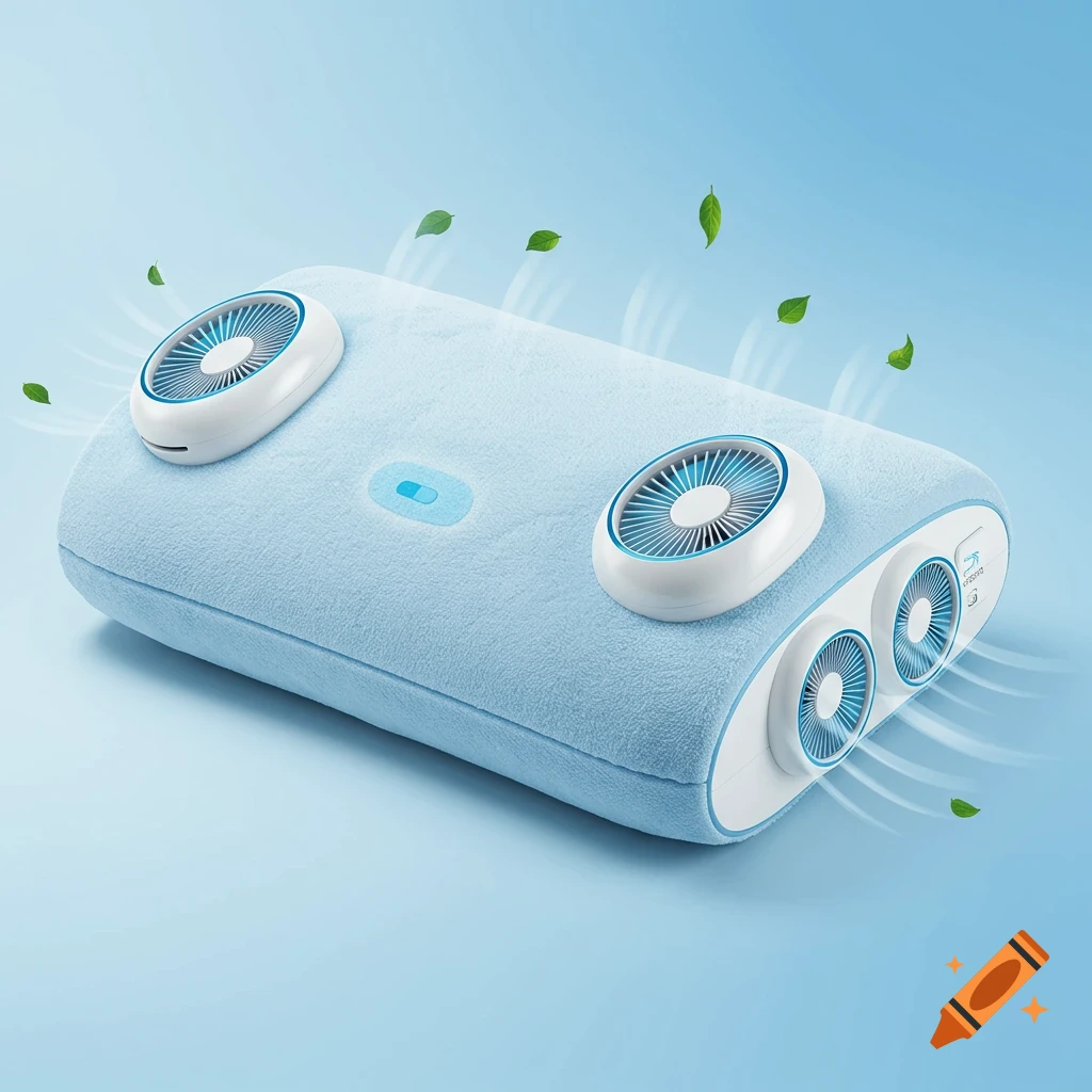A blue cooling pillow with white fans on top and side, with floating green leaves, against a blue background.