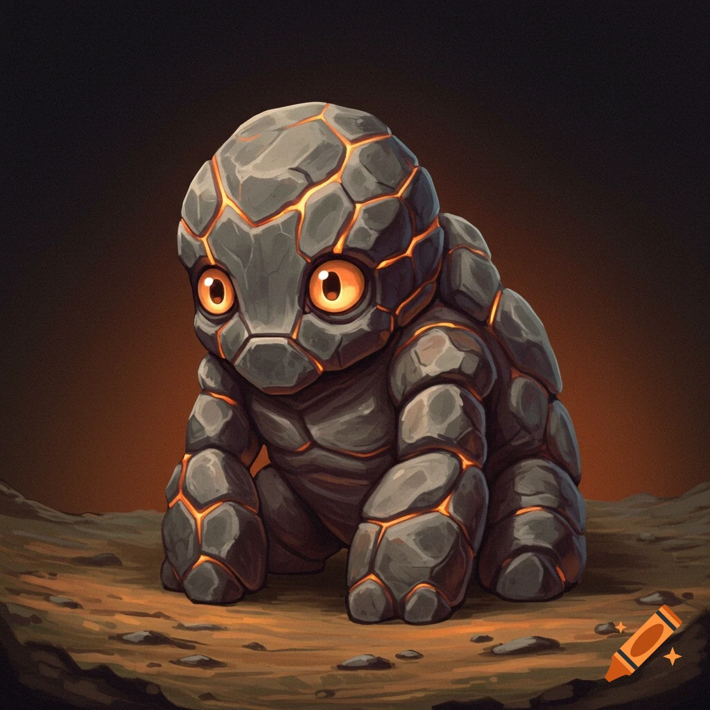 A small, cute fantasy creature made of rock with glowing orange cracks and eyes sits on the ground.