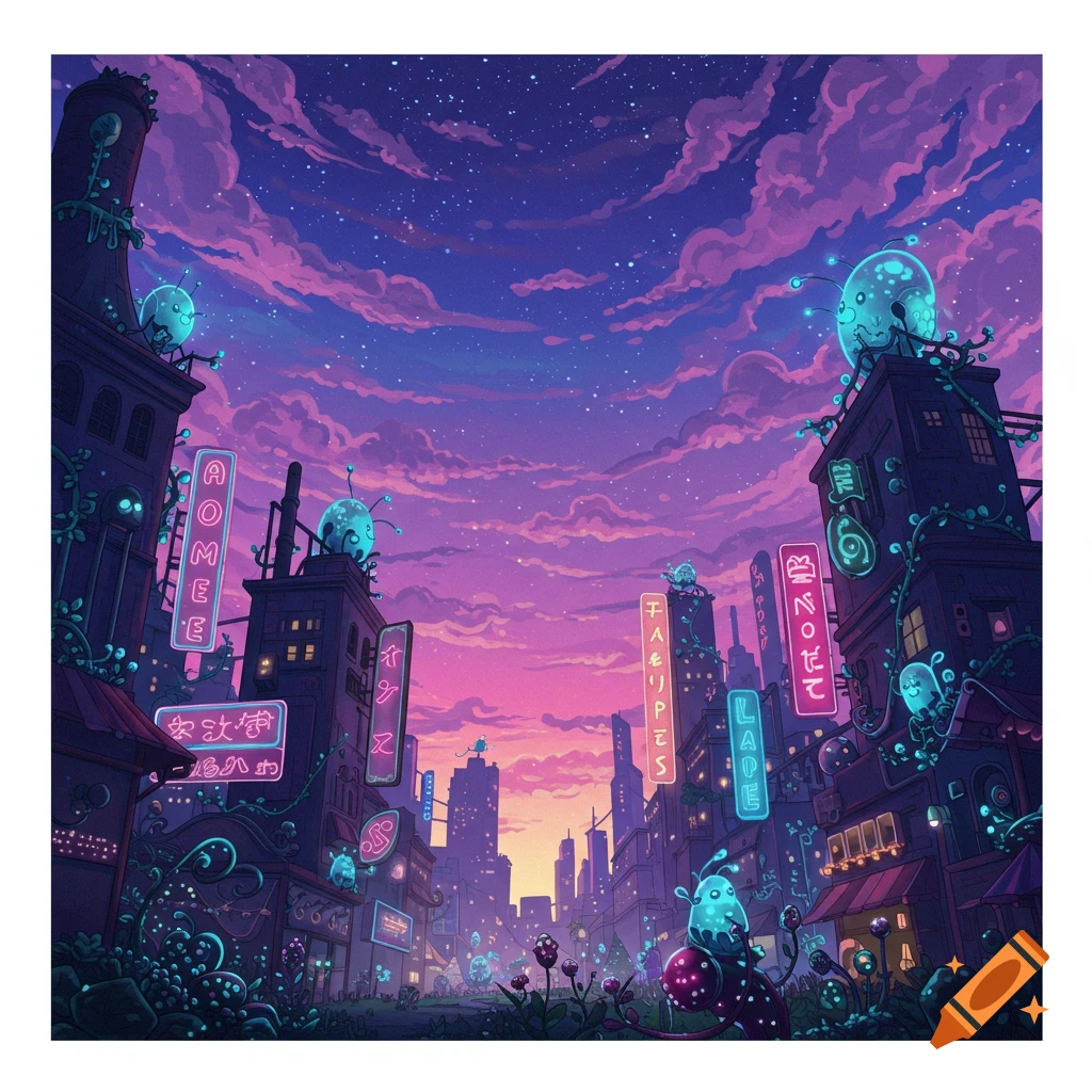 A vibrant fantasy cityscape at night with alien creatures, neon signs, and glowing plants under a starry sky.