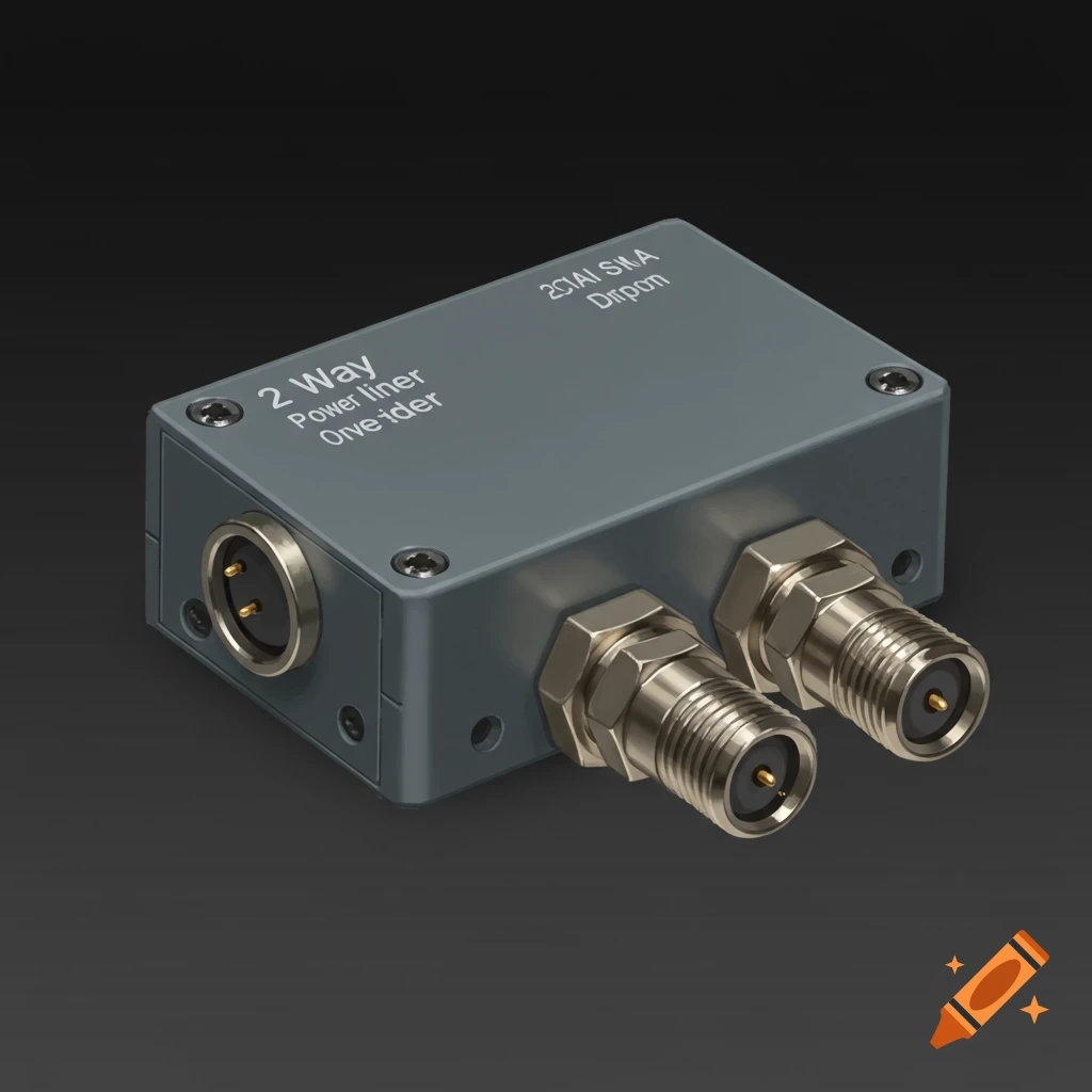 A realistic image of a grey electronic power divider with connectors.