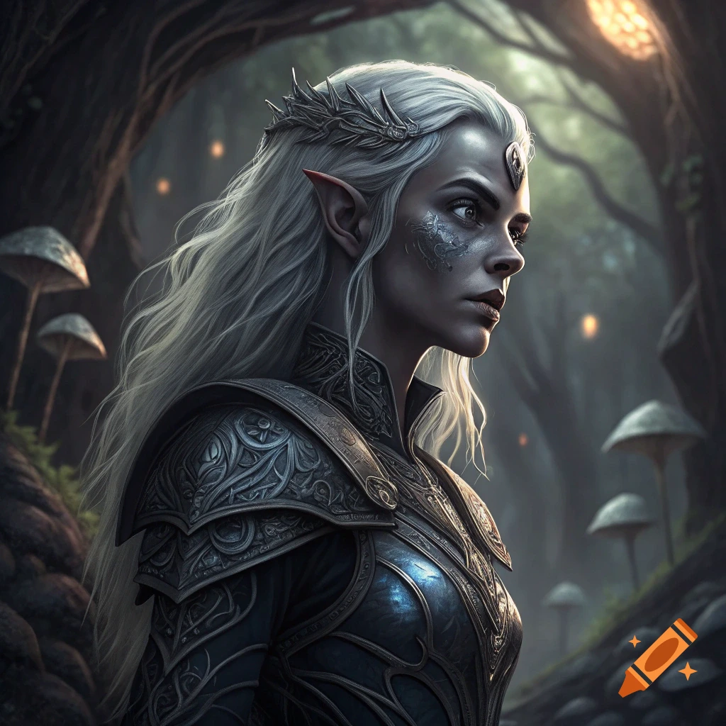 A fantasy portrait of an elf or drow character in armor in a forest.