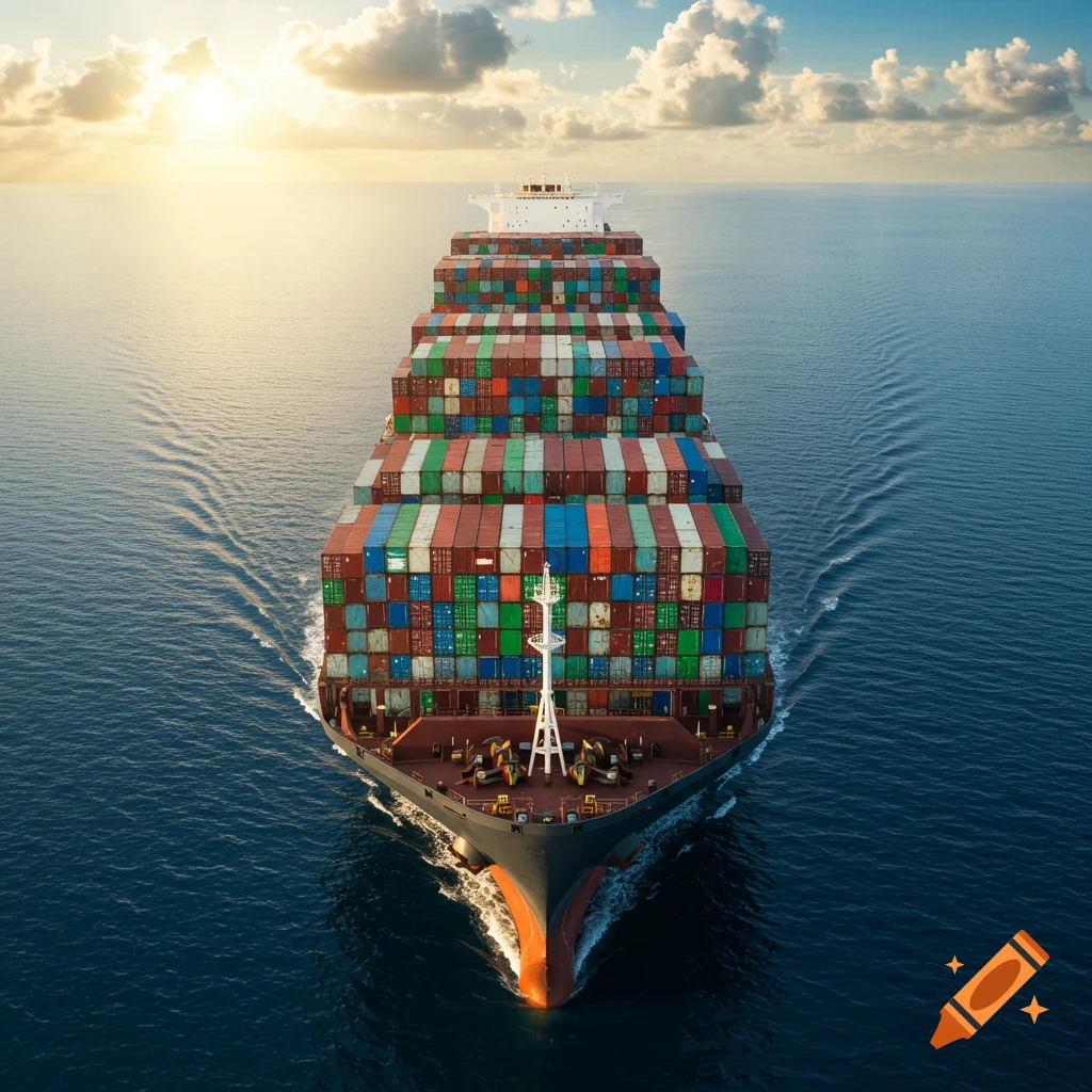 A large container ship sails on the ocean under a sunny sky.