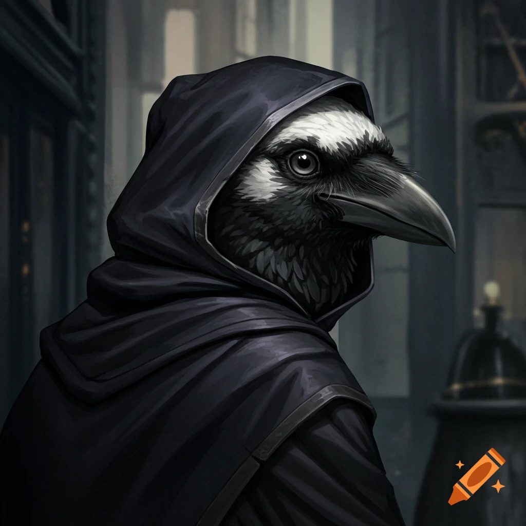 A hooded raven-like fantasy character in a cloak.