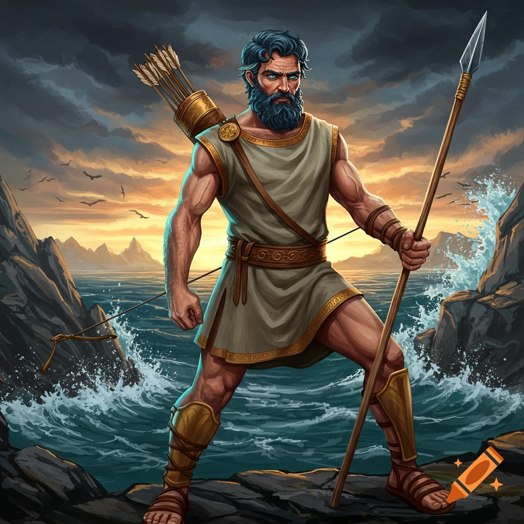 A bearded warrior holding a spear and bow on a rocky coastline at sunset.