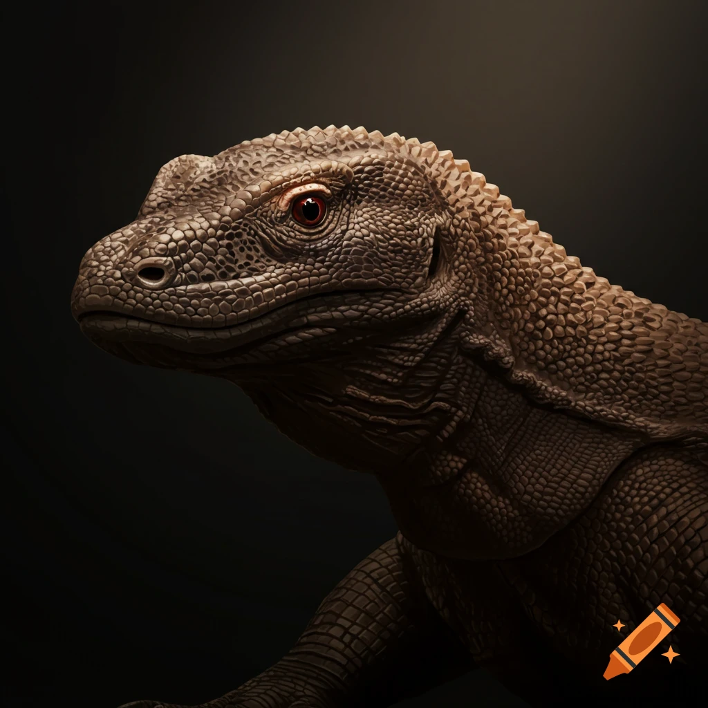 Close-up of a brown Komodo dragon with red eyes