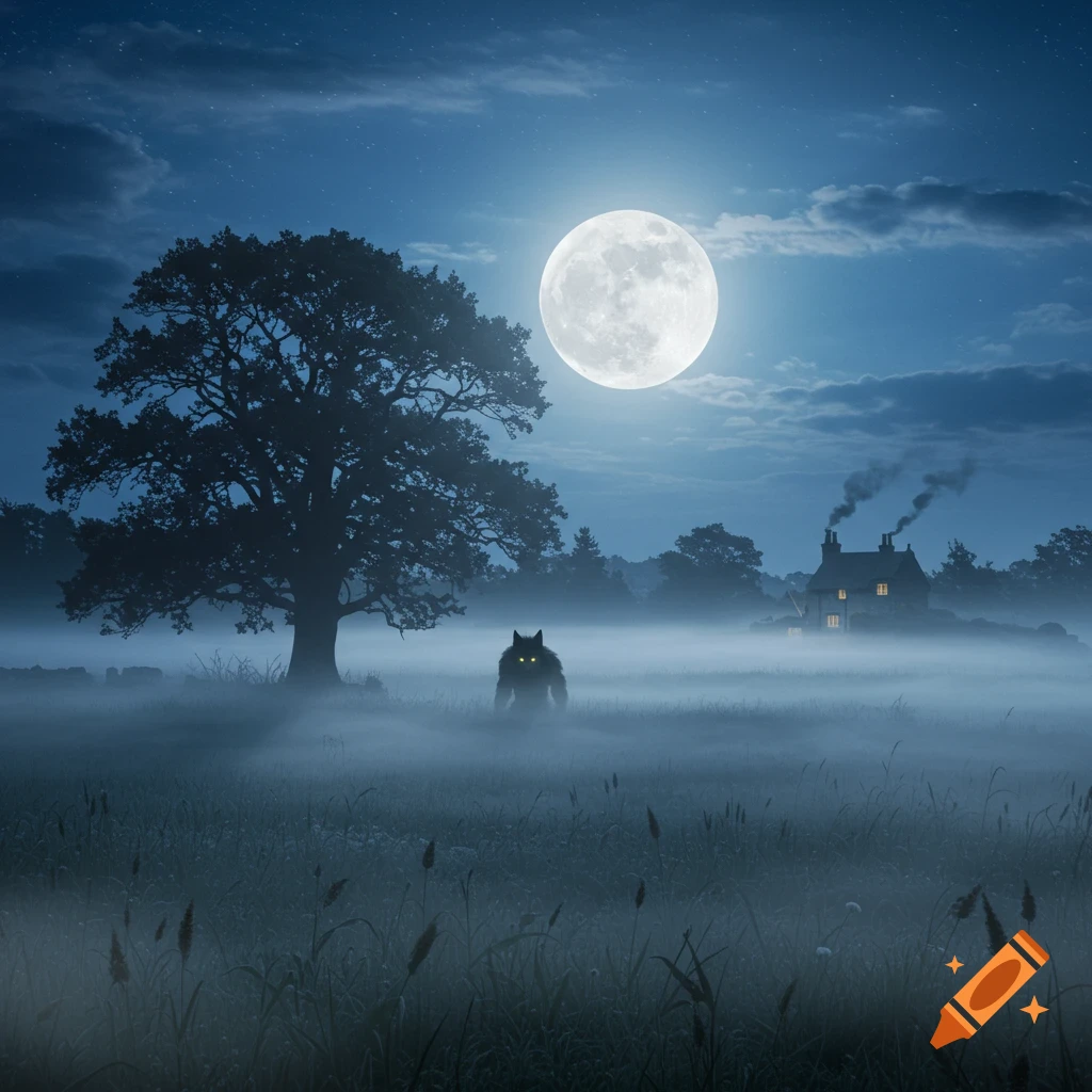 A shadowy werewolf stands in a misty meadow under a full moon with a small house in the distance.