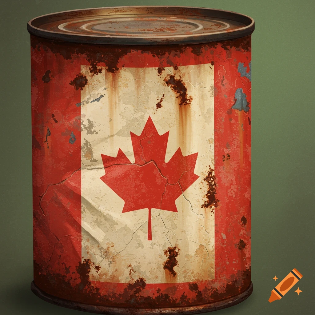 An old rusty can with a worn label of the Canadian flag.