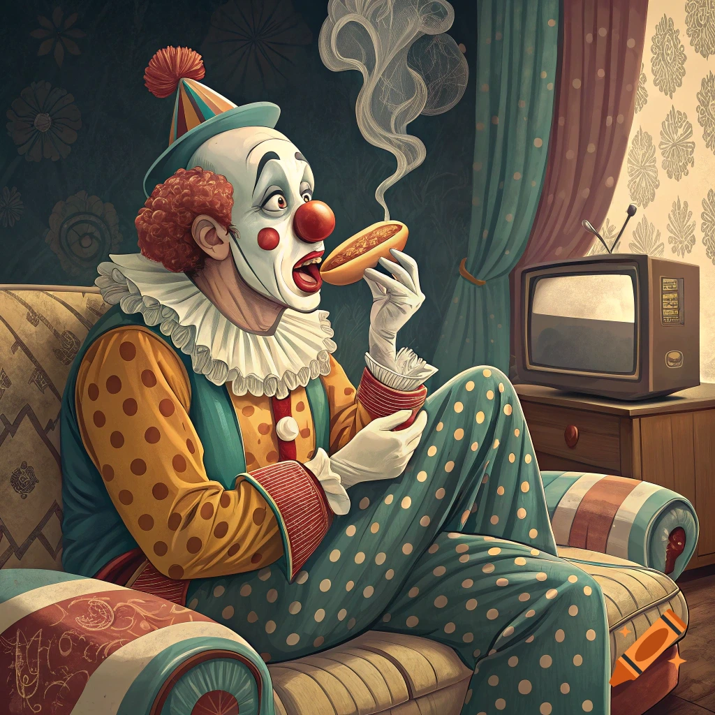 A clown in a polka-dot suit sits on a couch eating a hot dog, with a vintage TV nearby.